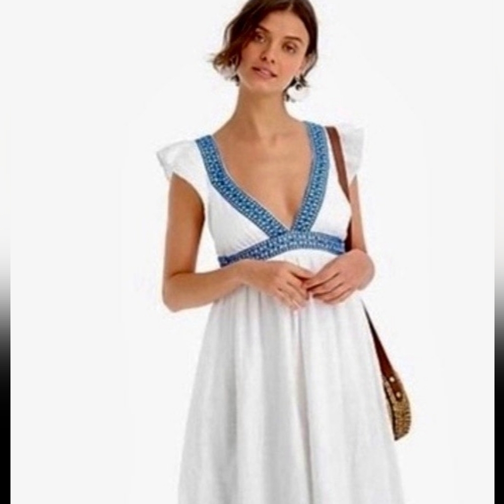 J. Crew Elegant White Dress with Blue Accents Size XXS